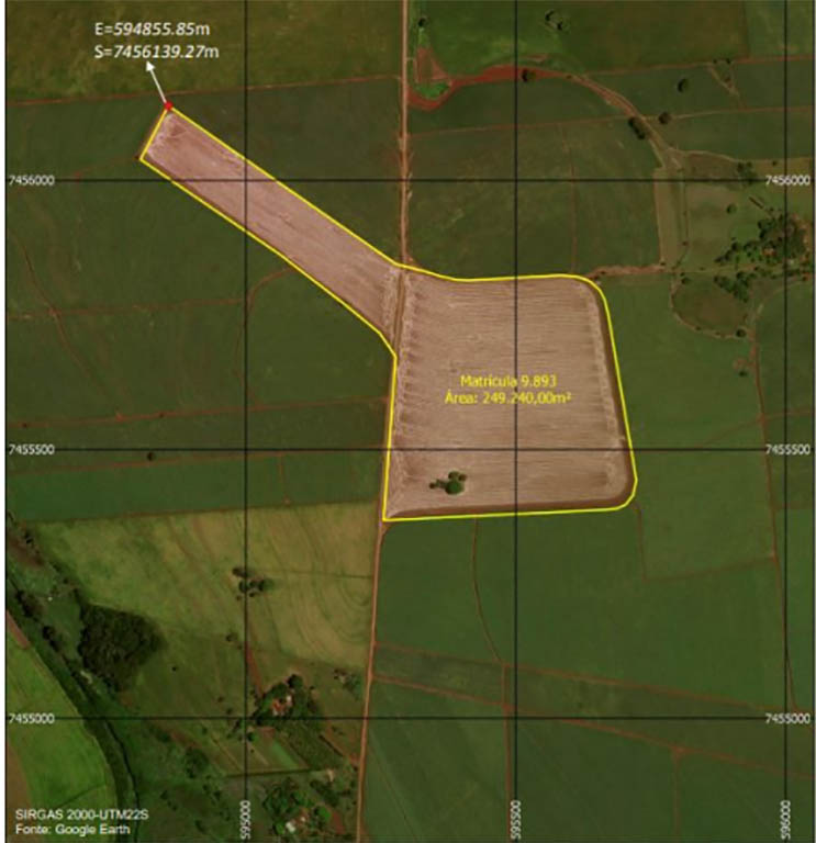 Imagem tirada de satélite marca área total do Campo de Aviação e a localização exata da pista de pouso e decolagem