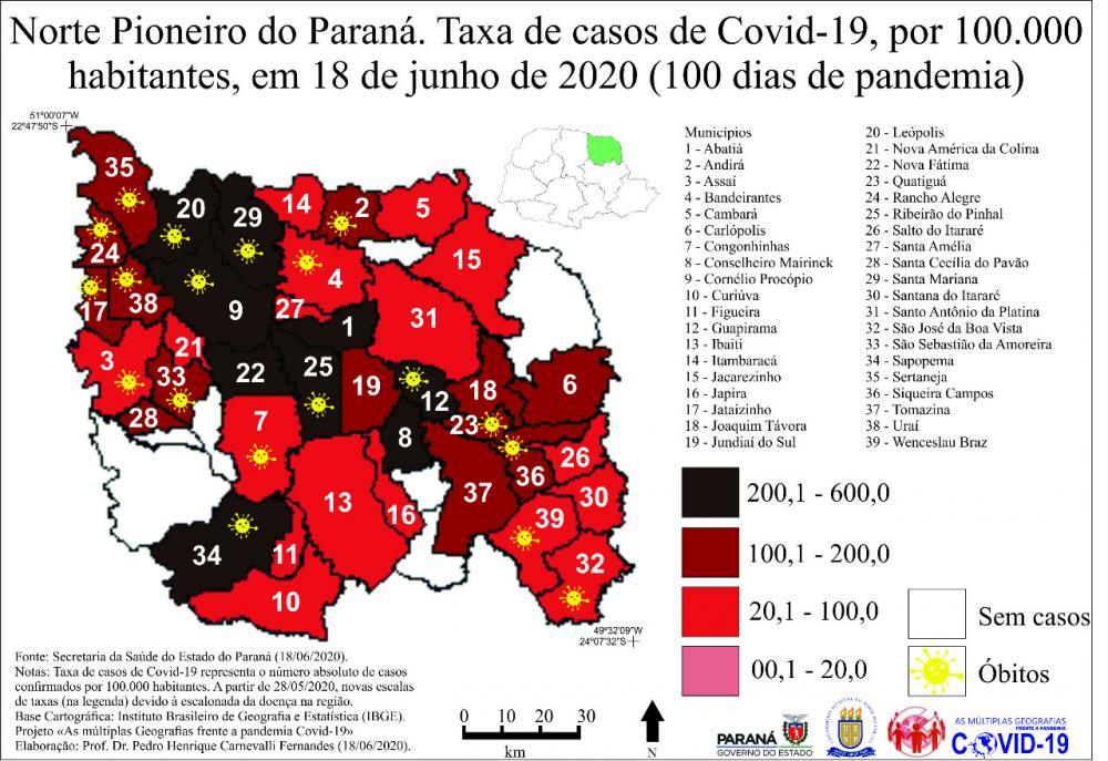 Mapa da região Norte do Paraná e gráfico da covid-19 em cada município - Ilustração